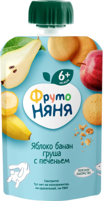 4829 Пюре фруктовое ФРУТОНЯНЯ Яблоко, банан и груша, с печеньем, с 6 месяцев, 90г
