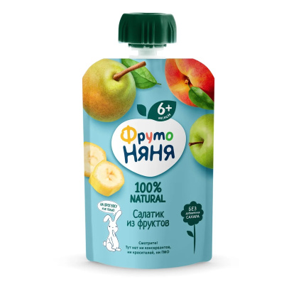 Пюре фруктовое ФРУТОНЯНЯ Салатик из фруктов Банан, груша, яблоко, персик, с 6 месяцев, 90г