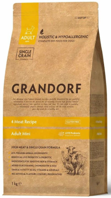 42312 Корм сухой для собак GRANDORF 4 Meat Recipe Adult Mini 4 вида мяса для взрослых мини пород (с живыми пробиотиками) 1 кг