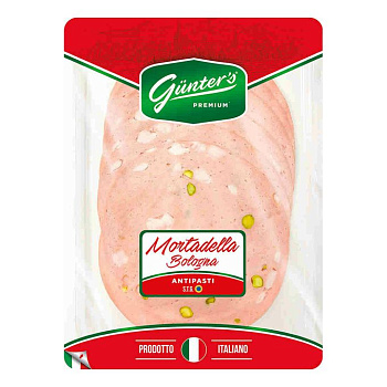 45 089 Колбаса вареная GÜNTER`S Мортаделла премиум с фисташками, нарезка, 120 г