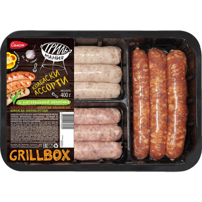 44 560 Колбаски САМСОН GrillBox ассорти Чоризо, Нюрнбергские и колбаски свиные, 400 г