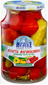Ассорти маринованное МЕЛЕНЪ Кабачки, томаты черри и огурцы, 900 г