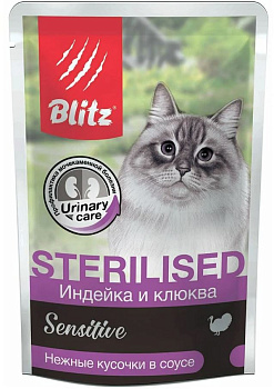 42300 Влажный корм для кошек BLITZ SENSITIVE Индейка и клюква в соусе 85 г