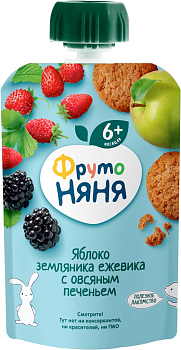 4780 Пюре фруктово-ягодное ФРУТОНЯНЯ Яблоко, земляника и ежевика, с овсяным печеньем, с 6 месяцев, 90г