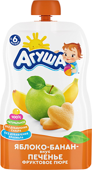 39678 Пюре фруктовое АГУША Яблоко, банан, печенье, с 6 месяцев, 90 г