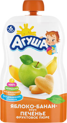 39678 Пюре фруктовое АГУША Яблоко, банан, печенье, с 6 месяцев, 90 г