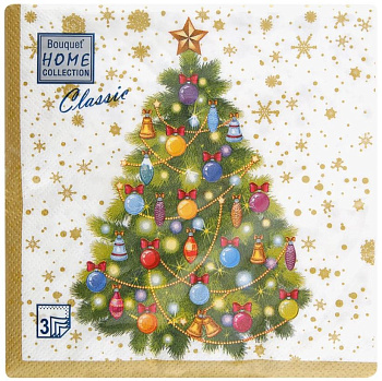 41657 Салфетки бумажные НОВОГОДНЯЯ ЕЛЬ НА БЕЛОМ 24х24см, 3сл, 25шт, уп