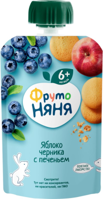 4731 Пюре фруктовое ФРУТОНЯНЯ Яблоко и черника, с печеньем, с 6 месяцев, 90г
