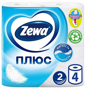 Бумага туалетная ZEWA Plus 2-слоя белая, 4 шт